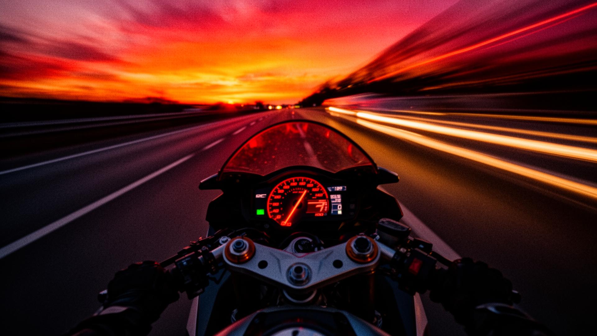 Sportbike pinned at redline into a crimson sunset